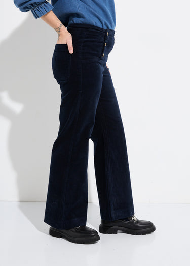 Pantalon à pont en velours coupe flare Marine