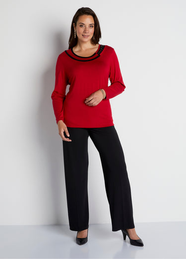 T-shirt fluide col rond avec strass Rouge