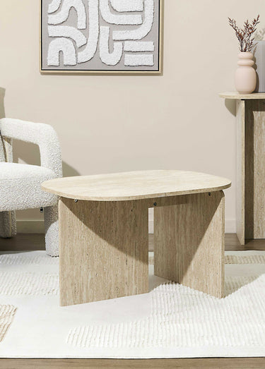Table basse design, effet pierre Blanc/Beige