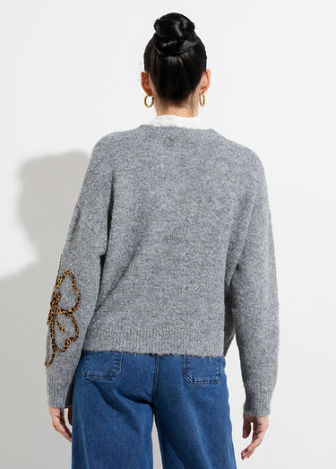 Pull chaud laine, applications fleurs Gris