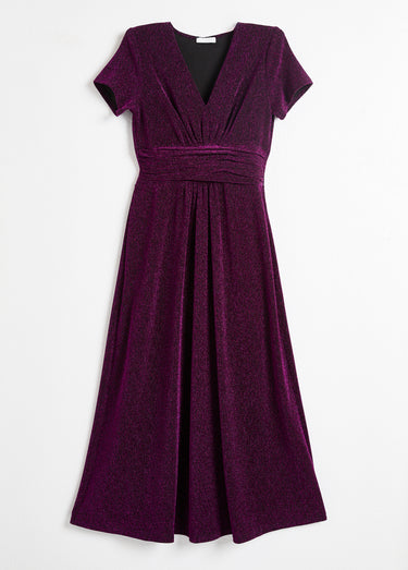 Robe longue brillante col V smockée dos Rose