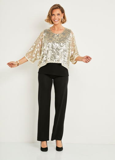 Top effet 2 en 1 maille unie voile jacquard irisé Dore/Noir