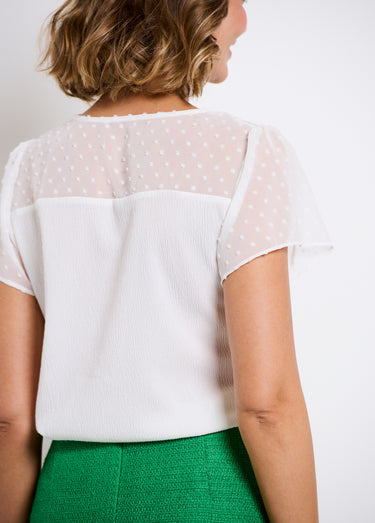 T-shirt col V plumetis manches courtes Blanc
