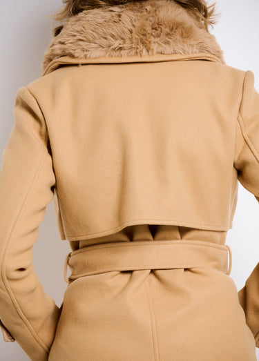 Manteau col fausse fourrure toucher laineux Beige