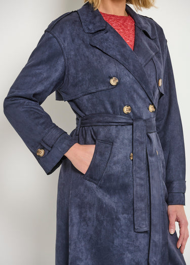 Trench long aspect suédine Bleu Marine