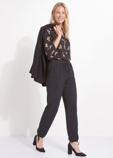 Pantalon large ceinture élastiquée maille crêpe unie Noir