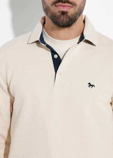 Pull maille fantaisie, col polo boutonné Beige