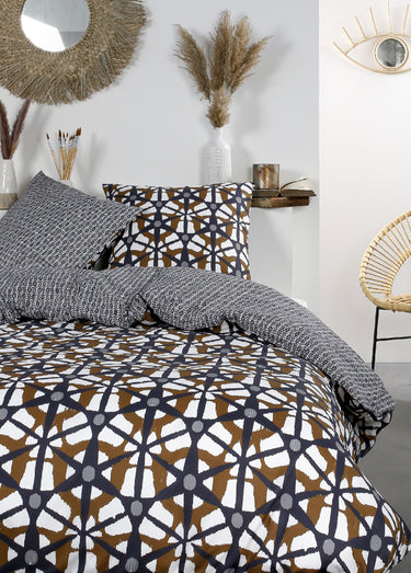 Parure pur coton 240 x 220cm, Hexagone Gris / Marron
