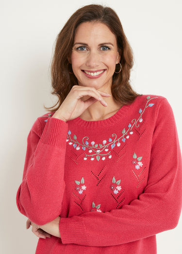 Pull doux uni brodé ajouré col rond Rose