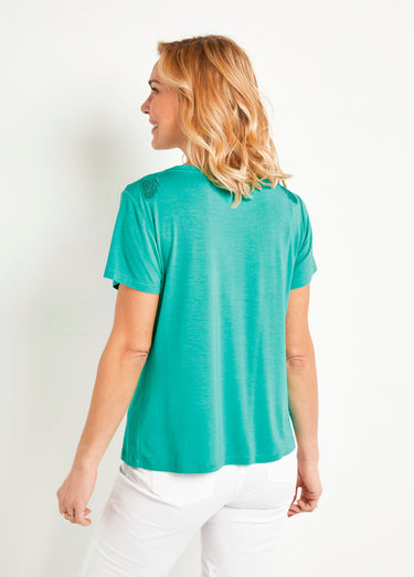 T-shirt coton brodé ajouré col rond Aqua