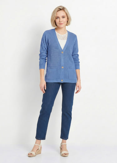 Gilet long boutonné brillant manches longues Bleu