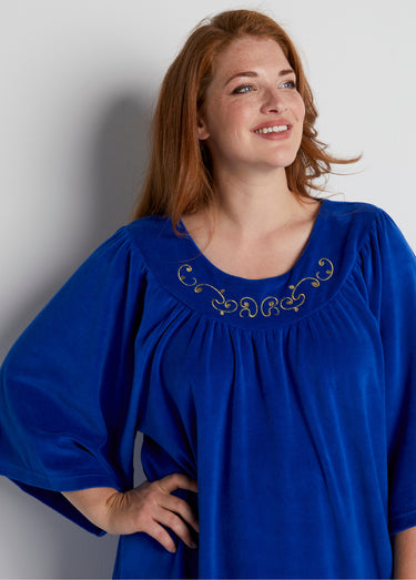 Robe d'intérieur en velours, col rond Bleu Royal