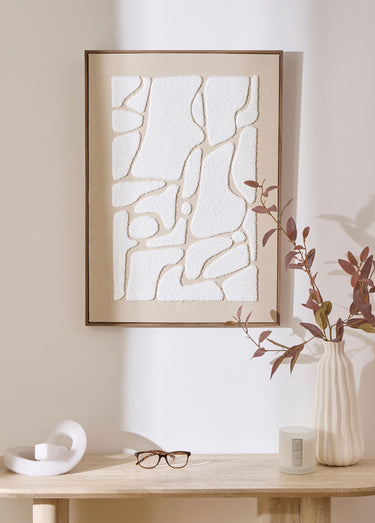 Toile 3D abstraite + cadre aspect bois Beige