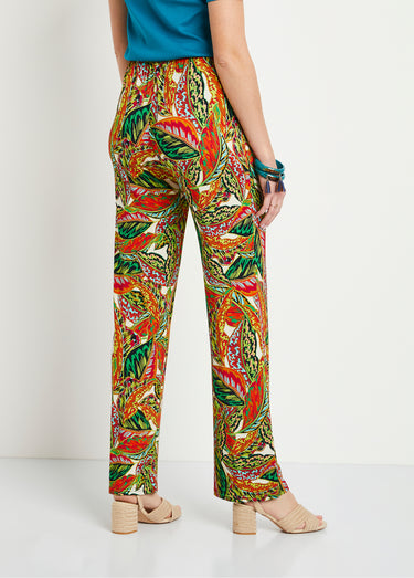 Pantalon ceinture élastiquée motif feuillage Vert/Rouge