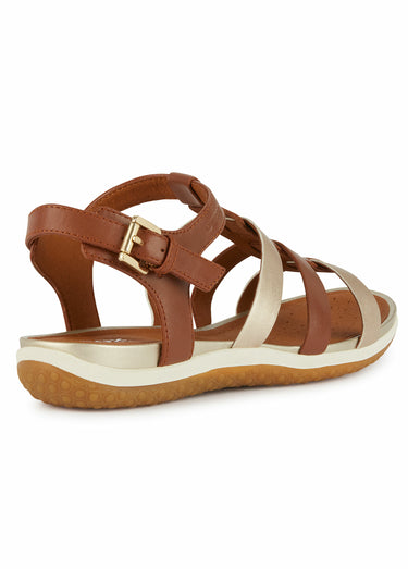 Sandales ouvertes compensées en cuir Cognac/Doré