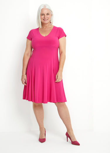 Robe mi-longue évasée col V Uni Fuchsia