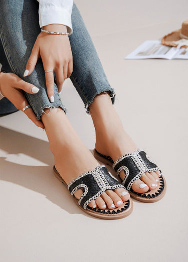 Sandales mules plates ethniques en paille Noir
