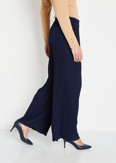 Pantalon large taille élastiquée maille plissée Marine
