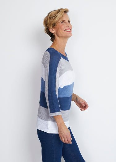 Pull rayé manches 3/4 point mousse Bleu / Gris