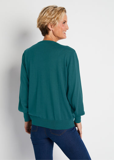 Pull court col V avec laine mérinos Emeraude