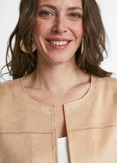 Veste sans col en tissu suédé Sable
