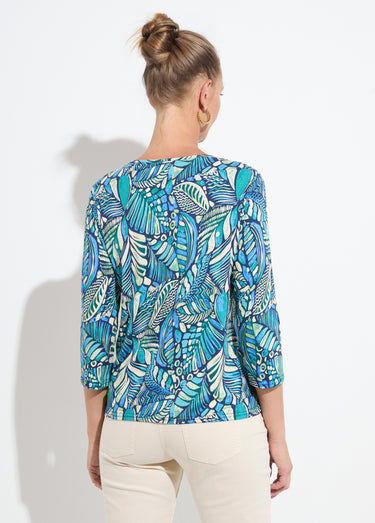 T-shirt col rond imprimé patchwork Bleu/Vert