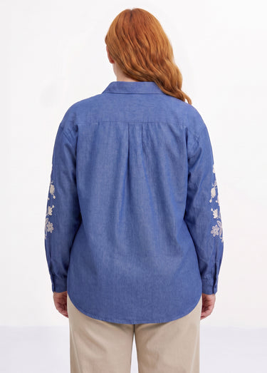 Chemise en jean avec broderies fleurs Bleu Jean