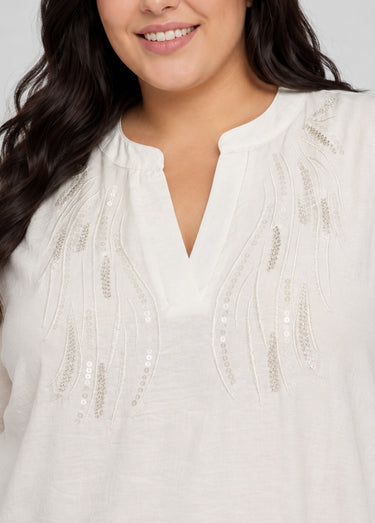 Tunique manches longues encolure sequins Blanc