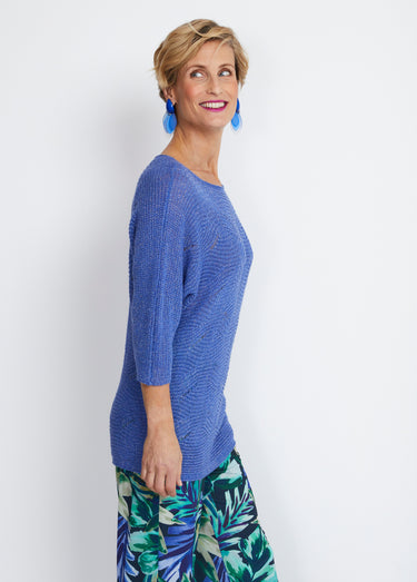 Pull maille reliefée ajourée volume boîte Bleu