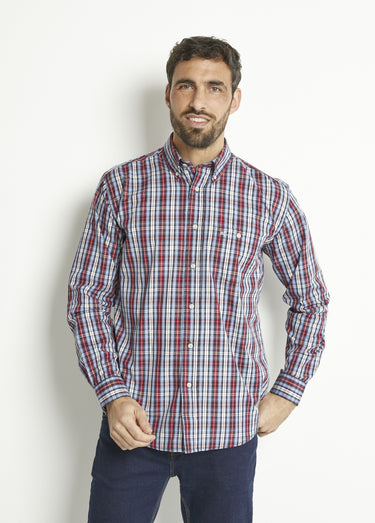 Chemise manches longues uni ou carreaux coton Carreaux Rouge