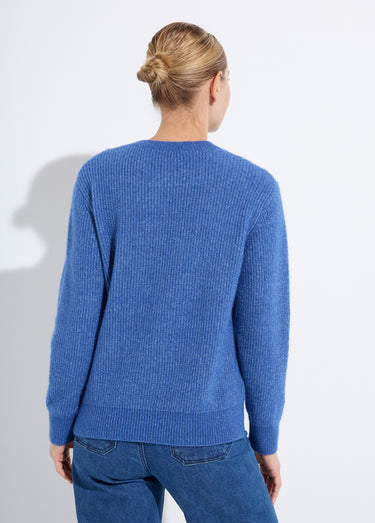 Pull doux maille ajourée fibres recyclées et laine Bleu