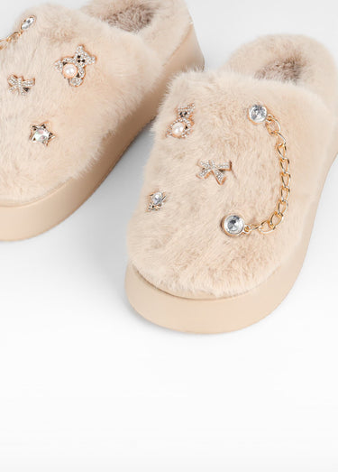 Mules compensées fourrure Beige