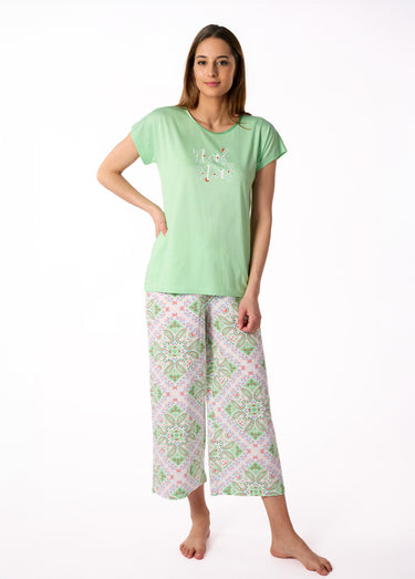 Pyjama thème géométrique, pantalon large Vert Clair/Imprime