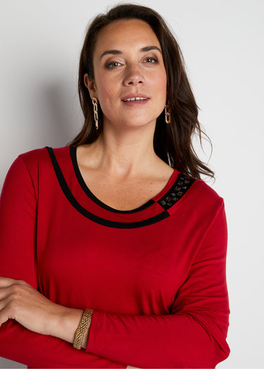 T-shirt fluide col rond avec strass Rouge