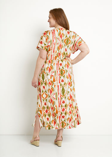Robe longue col V évasée imprimée Vert/Terracota