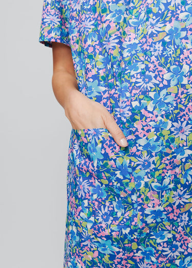 Robe-tablier mi-longue imprimée Fuchsia/Bleu