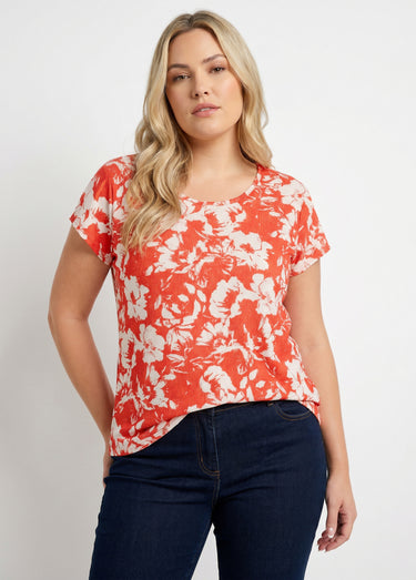 T-shirt manches courtes uni ou imprimé fleurs Rouge/Beige