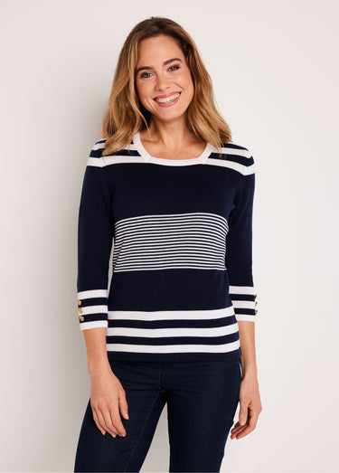 Pull rayé manches 3/4 coton Marine / Blanc