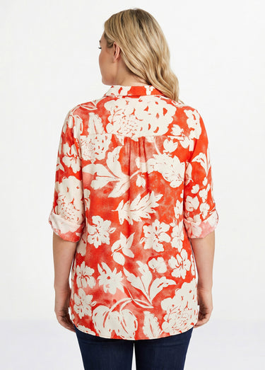 Chemisier ample long fleuri Rouge/Blanc