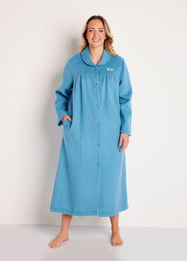 Peignoir boutonné long molleton brodé col châle Bleu Canard