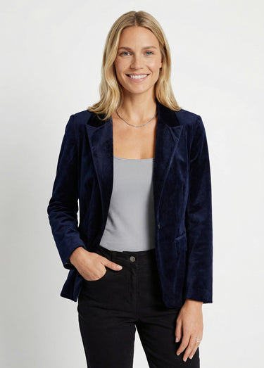 Veste blazer droite velours uni col tailleur Marine