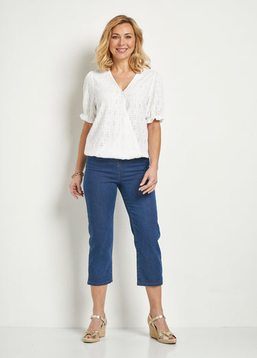 T-shirt cache-coeur blousant broderie Blanc