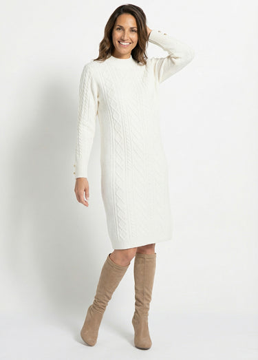Robe-pull courte tricot uni col rond Ecru
