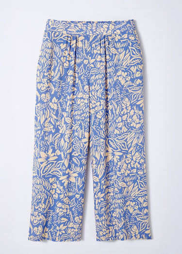 Pantalon large taille élastiquée fleuri ou uni Bleu / Écru