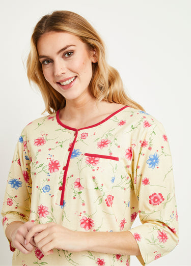 Chemise de nuit coton fleuri manches 3/4 Fond Jaune