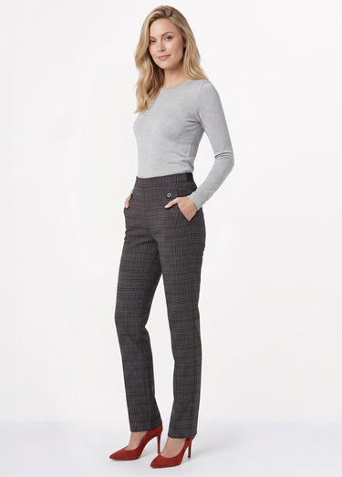Pantalon droit taille semi élastiquée Carreaux Gris