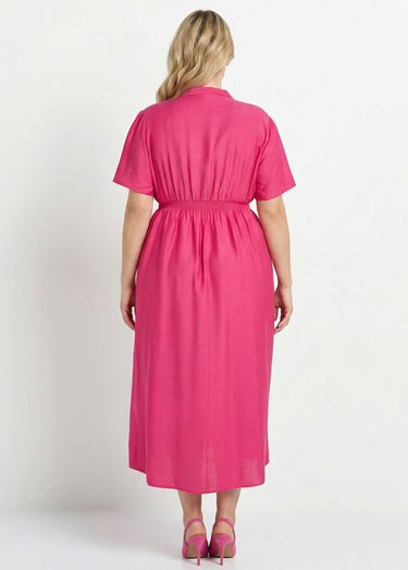 Robe longue surpiqures encolure + taille Fuchsia