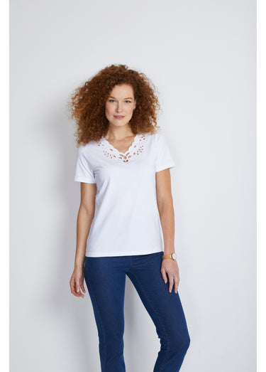 T-shirt col V ajouré brodé Blanc