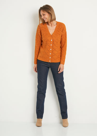 Gilet court ajouré col V boutonné uni Caramel