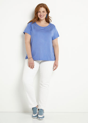 T-shirt coton brodé ajouré col rond Lavande